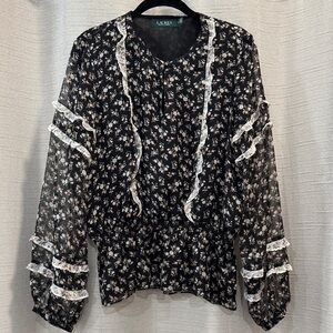 Lauren Ralph Lauren Black Floral Ruffle Blouse Size Large